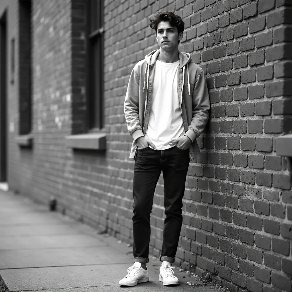 Black and White Portrait by Brick Wall