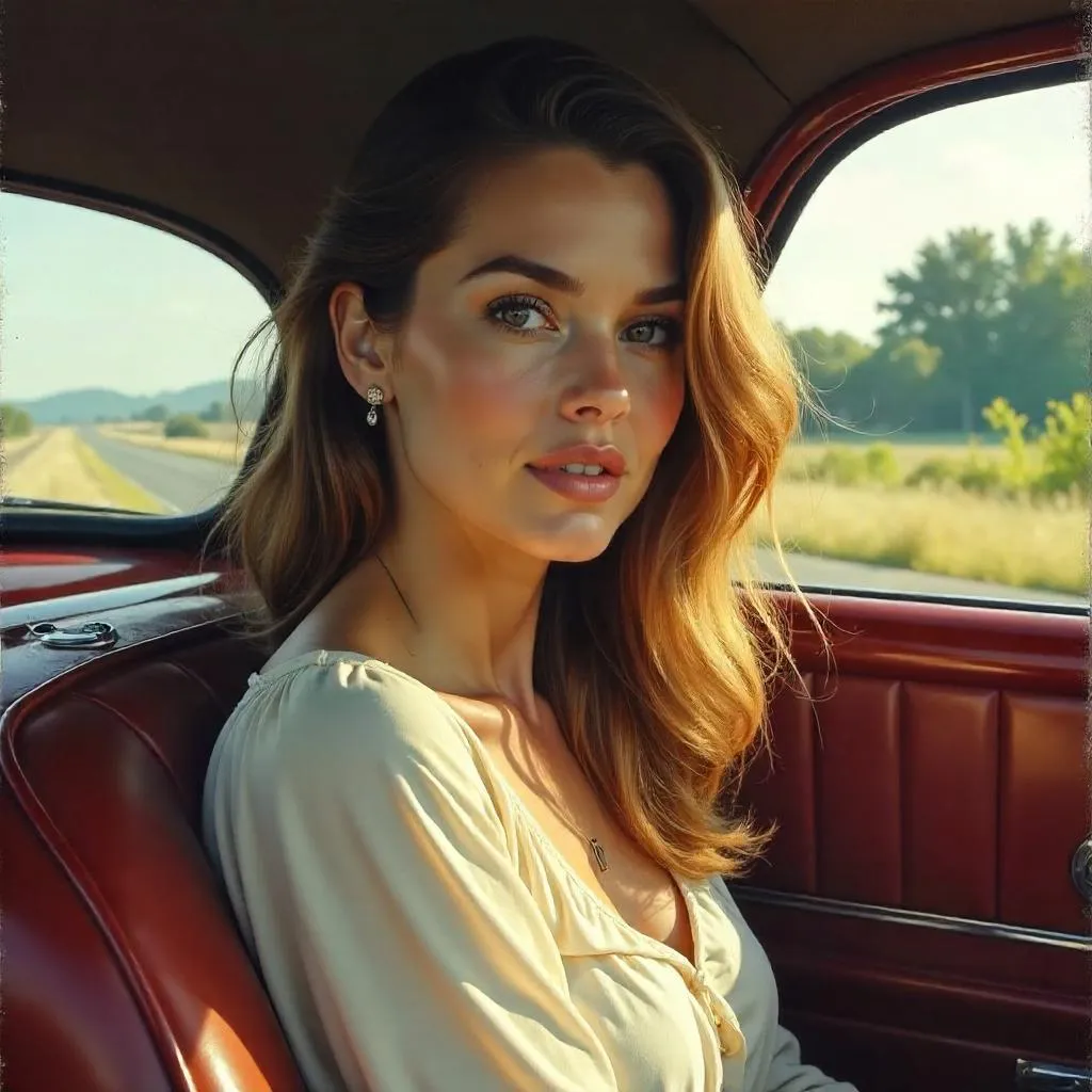 Oil Portrait: White Woman in a Classic Car
