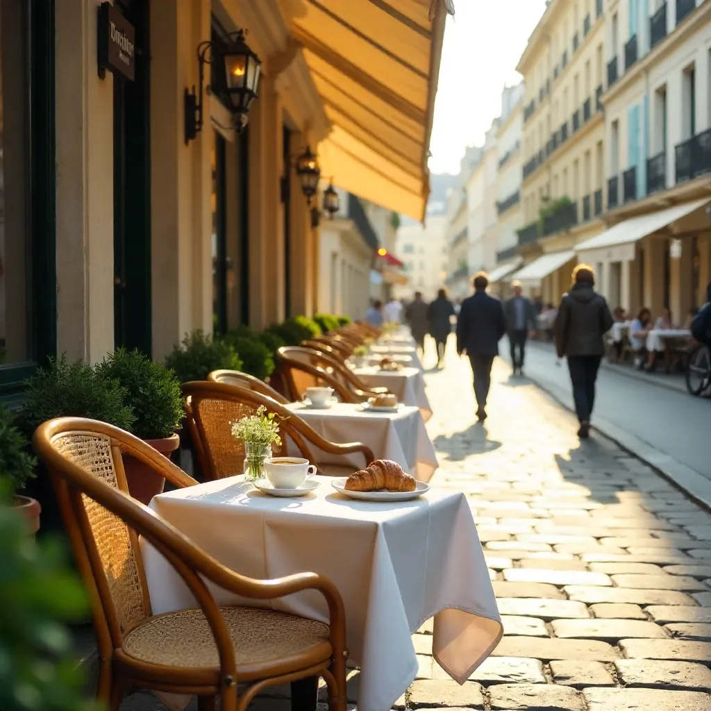 Cozy Paris Cafe Terrace with Rattan Chairs and White Tablecloth