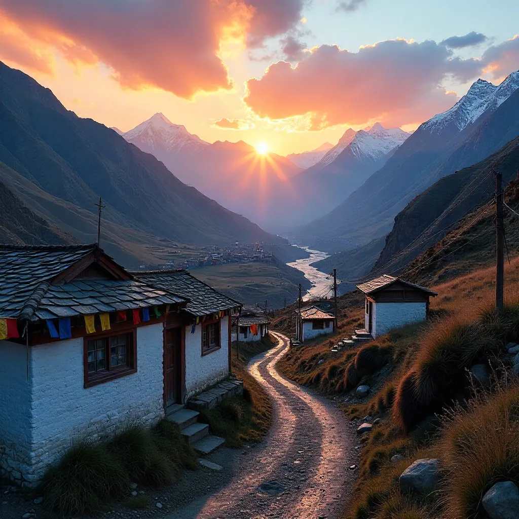 Sunset Over Tibetan Village Beneath Snowy Peaks