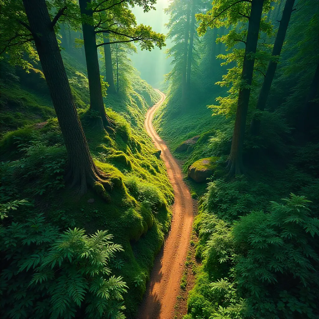 Emerald Forest Drone: Winding Path Aerial View