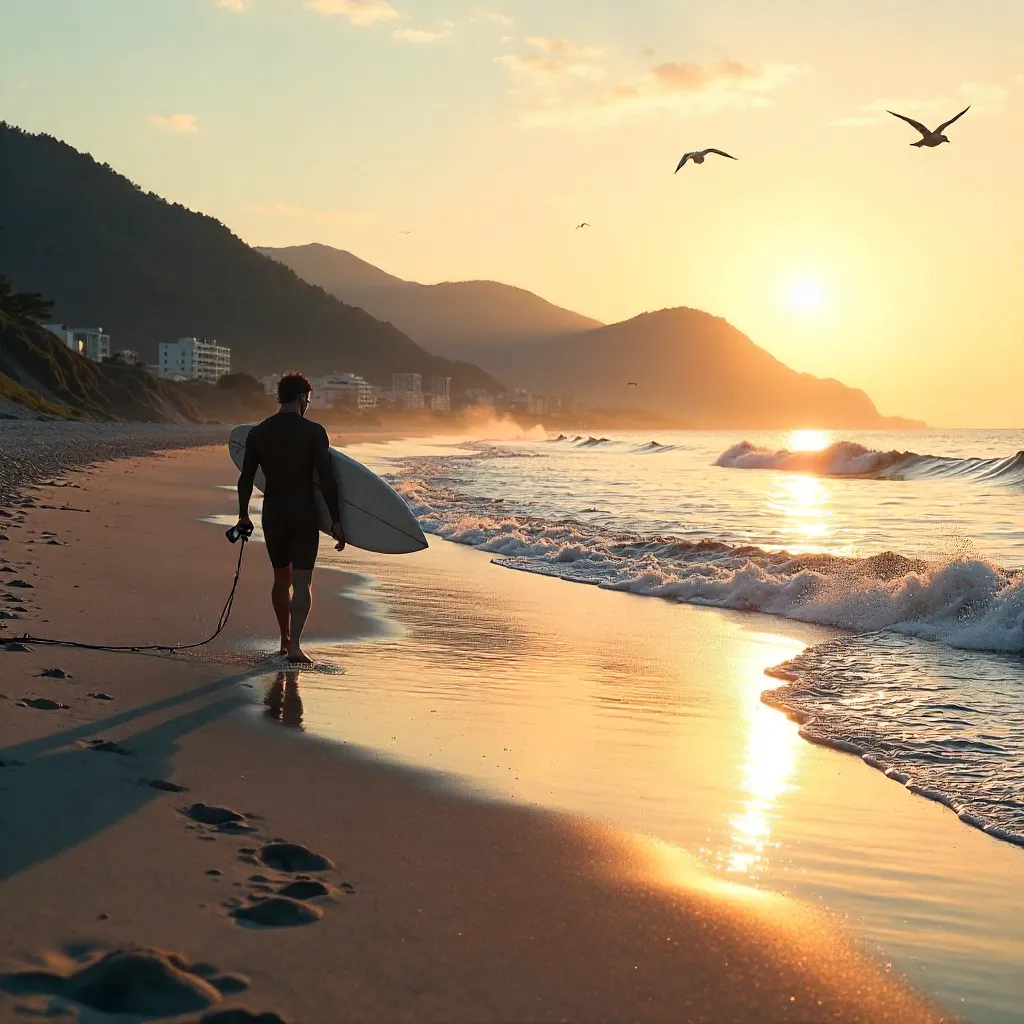 Surfer Walking Kamakura Beach at Dawn, Ready for Waves
