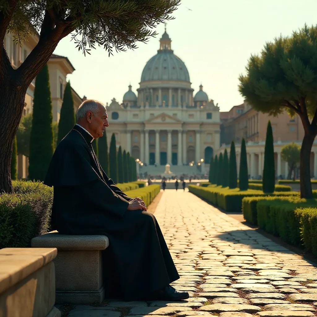 Priest in Vatican Gardens with St. Peter's Basilica