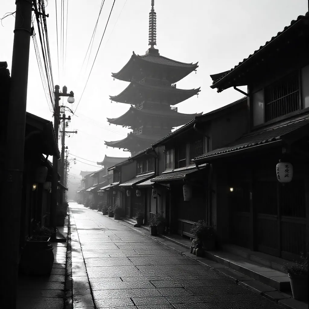 Monochrome Pagoda Street: Timeless Japanese Scene
