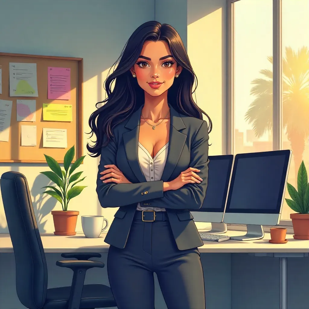 Confident Latina Professional in Anime Workspace