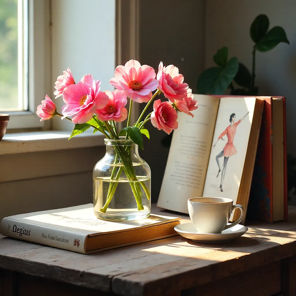 Degas & Picasso Books on a Pink Floral Still Life