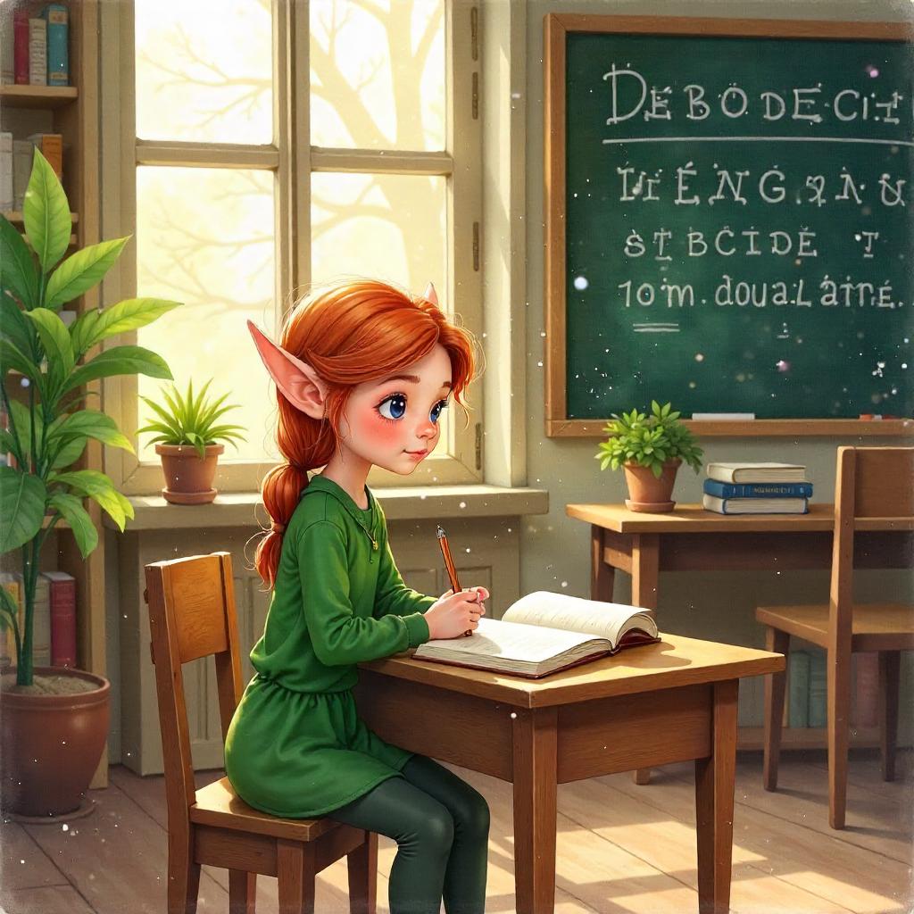 Watercolor Elf in a School Classroom