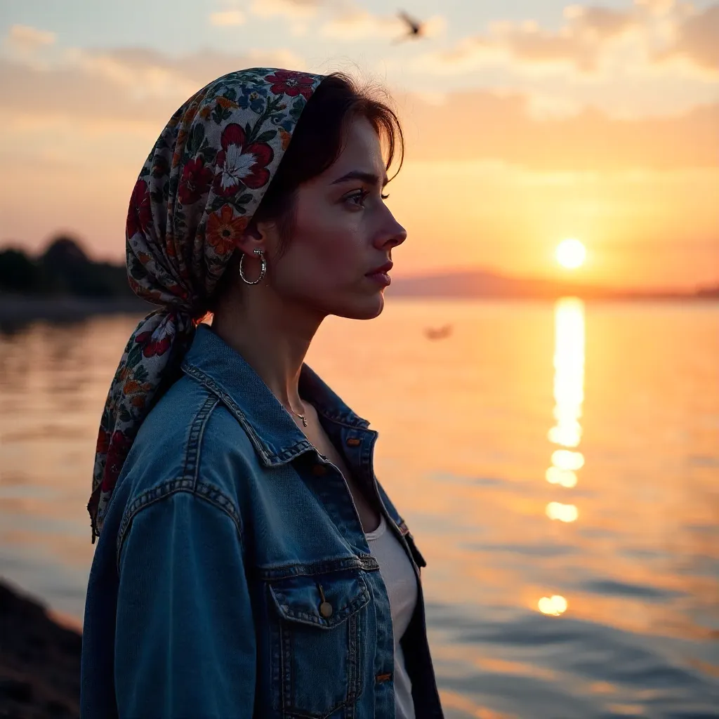 Thoughtful Woman by Sunset Water in Denim Jacket