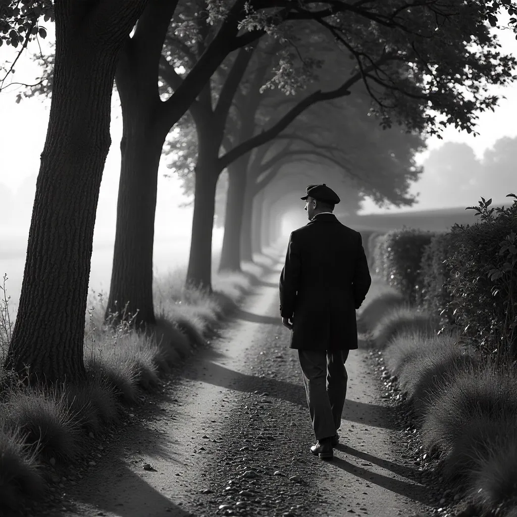 Monochrome Beret Stroll on a Tree-Lined French Path
