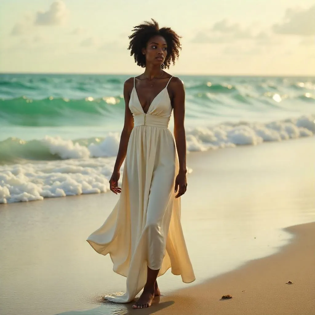 Elegant Black Woman by the Ocean, Photoreal Portrait