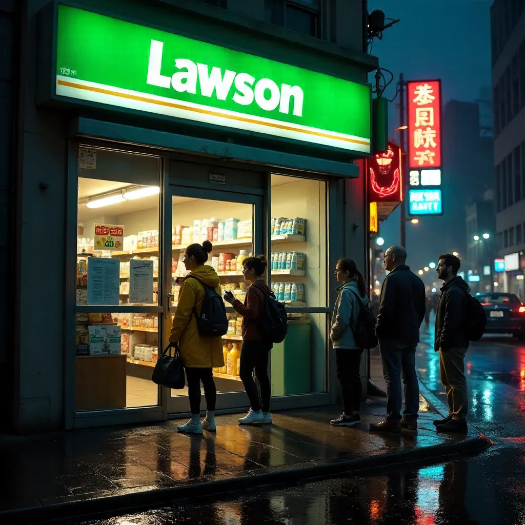 Nighttime Lawson Entrance with People and Neon Glow