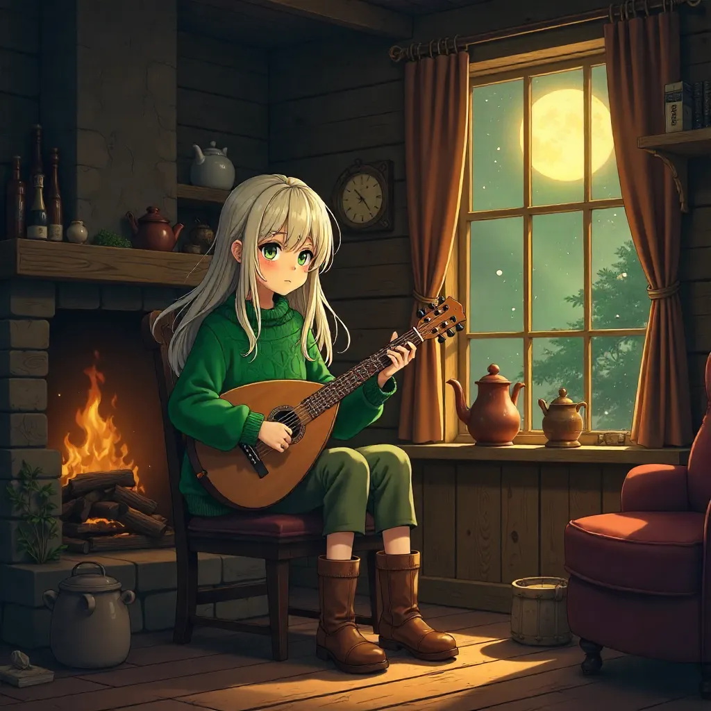 Anime Bard in a Cozy Cottage: Warm Light and Lute