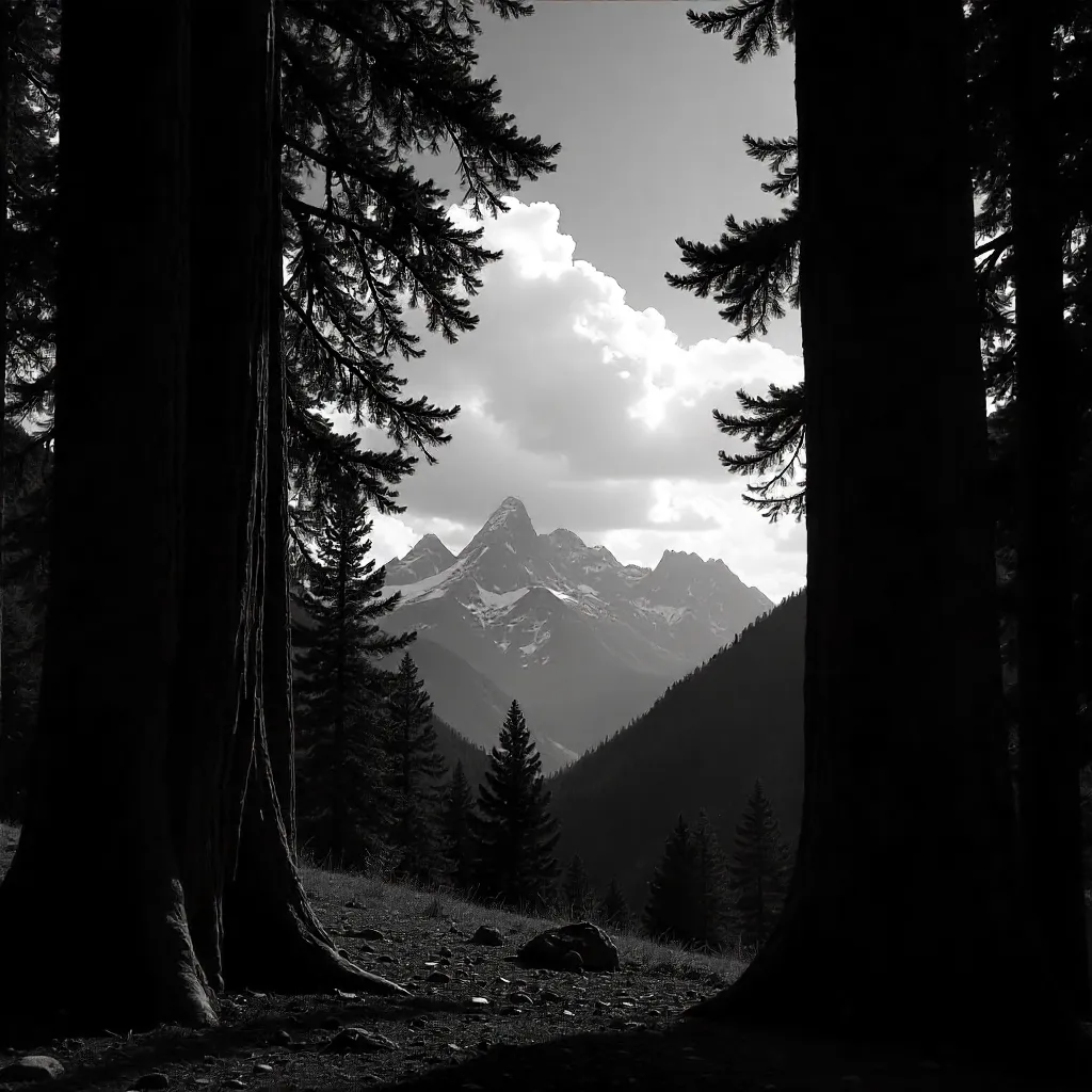 Monochrome Framing: Alborz Mountains Behind Tall Trees
