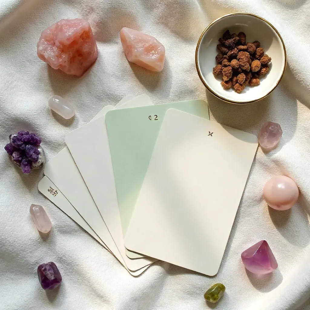 Calm Tarot Flat Lay with Crystals and Dish