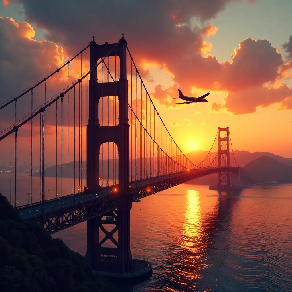 Sunset Silhouette: Airplane Over Bridge