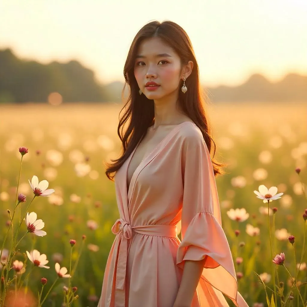 3D Render: Stylish Asian Woman in a Field of Flowers