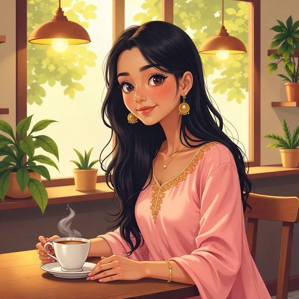 Cozy Anime Café Moment: Young Indian Woman