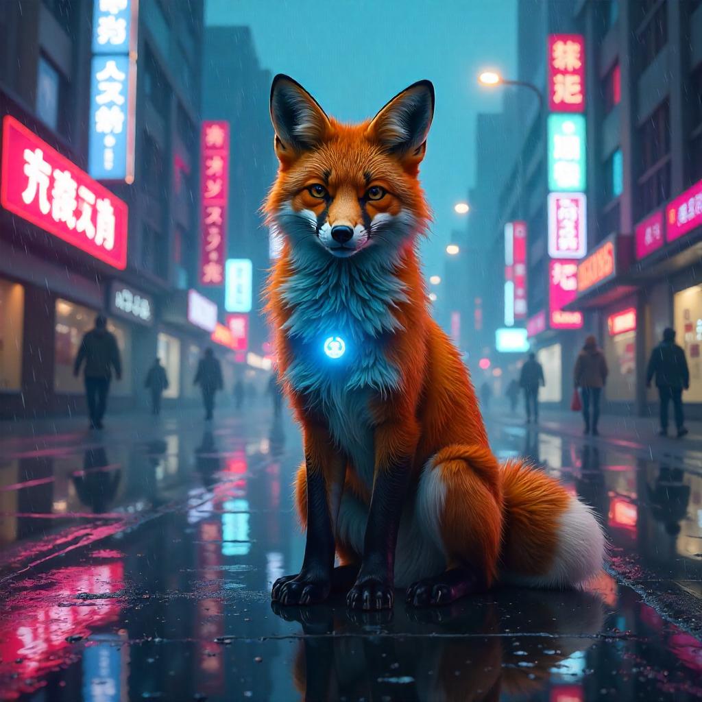 Neon Fox in a Cyberpunk City