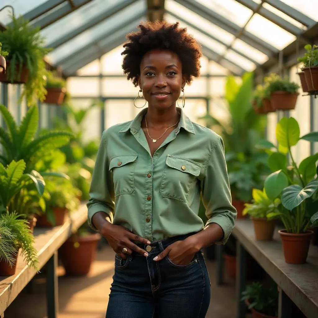 Confident Black Woman in a Greenhouse - Photorealistic Portrait