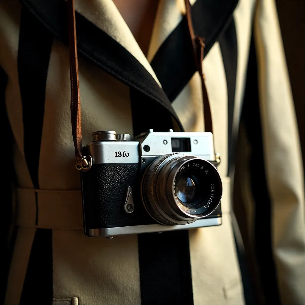 Vintage Camera Adorning a Striped Wool Coat
