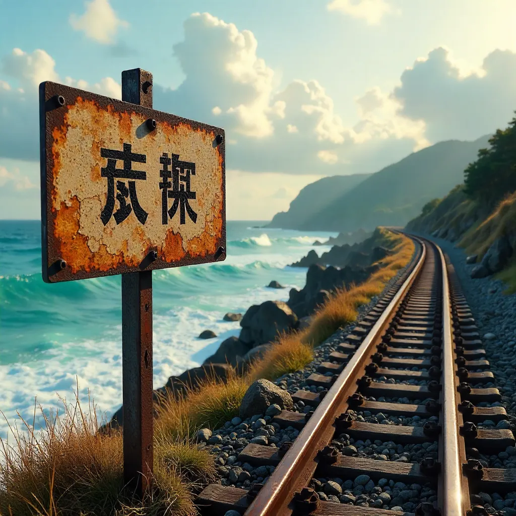 Oceanfront Railway with Erosion Sign, Taitung, Taiwan
