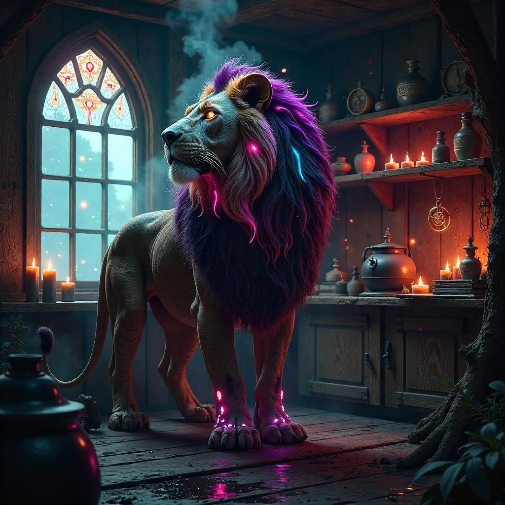 Cyberpunk Lion in a Witch Hut