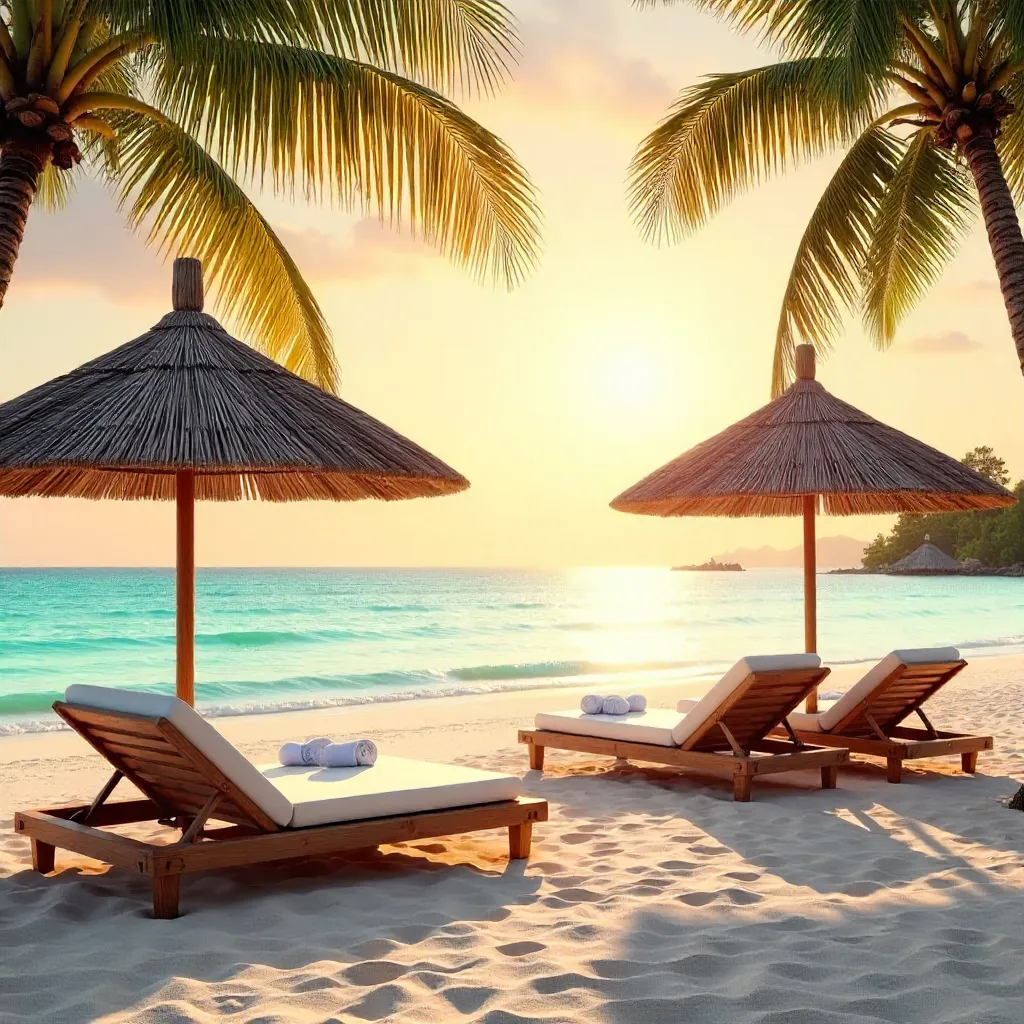 Sunrise Serenity: Beach with Thatched Umbrellas