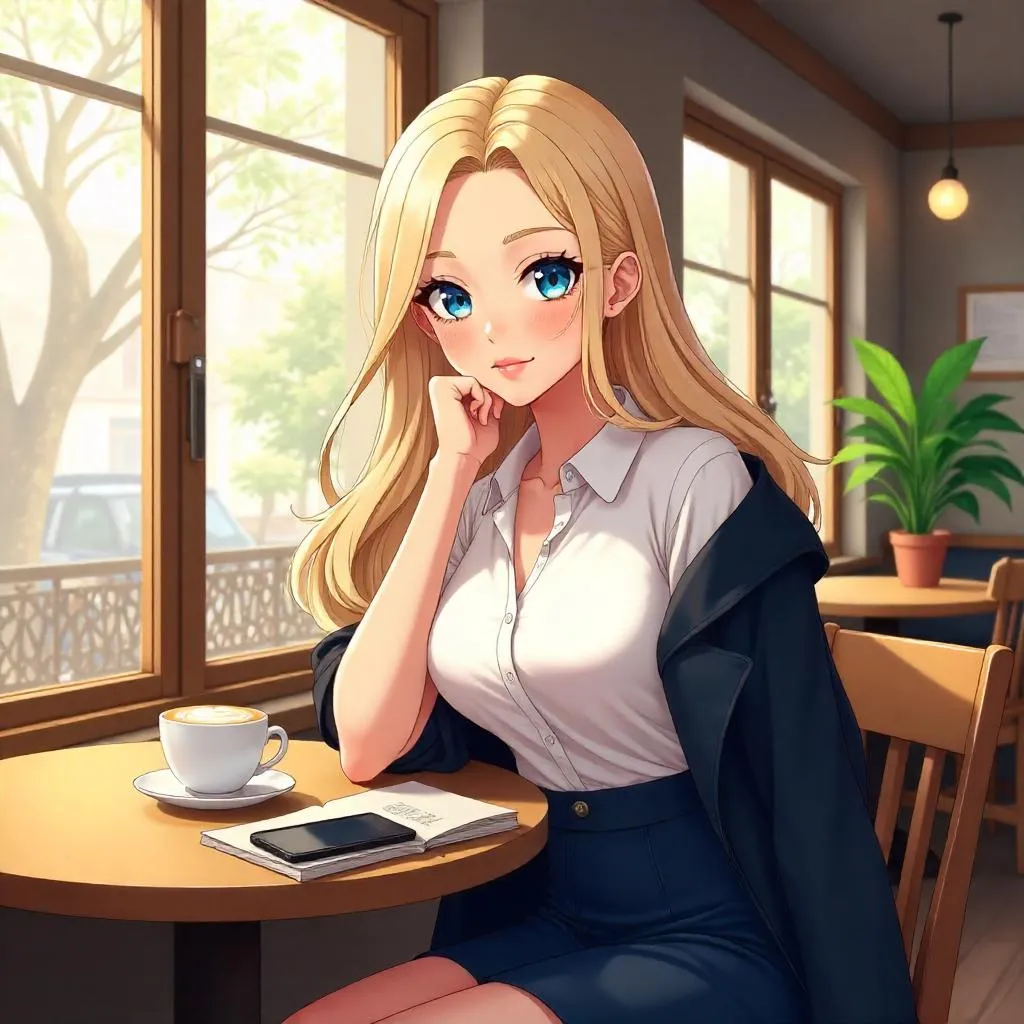 Confident Anime Woman in a Cozy Cafe