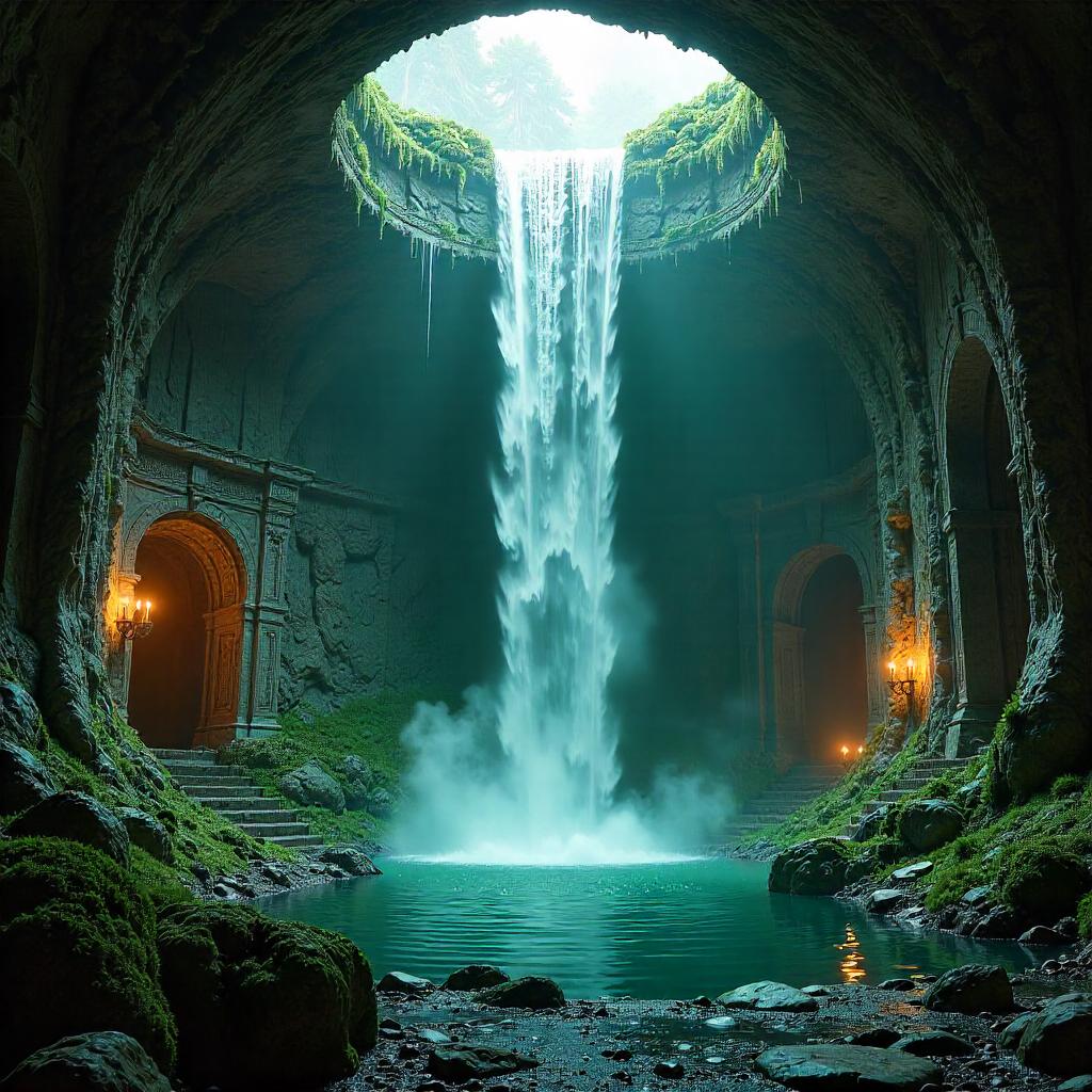 Waterfall Within an Ancient Crypt - 3D Render