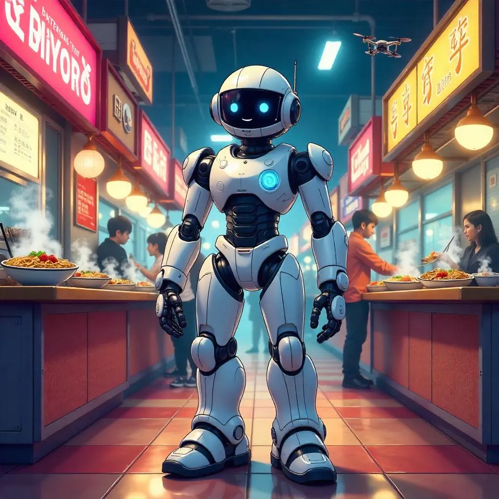 Anime-style Robot in a Bustling Food Court
