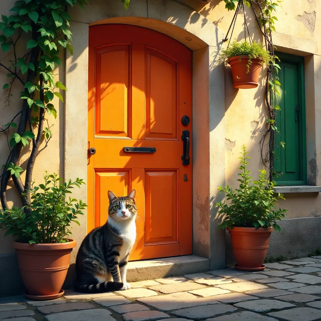 Cat by an Orange Door in a Plant-Filled Alley