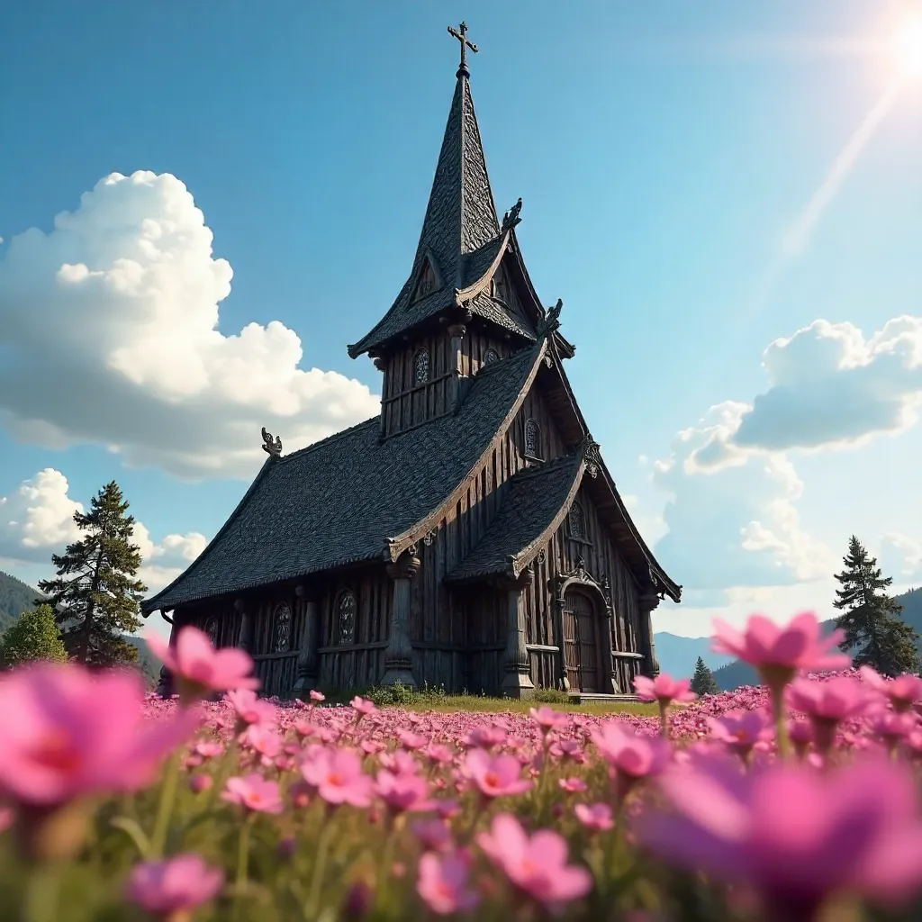 Stave Church Amid Pink Blooms Under a Blue Sky