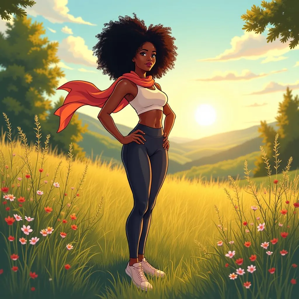 Confident Black Woman in a Meadow, Anime Style