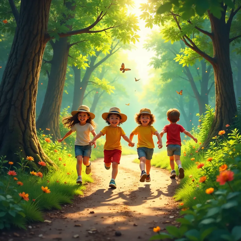 Joyful Children Running Through Sunlit Forest Path