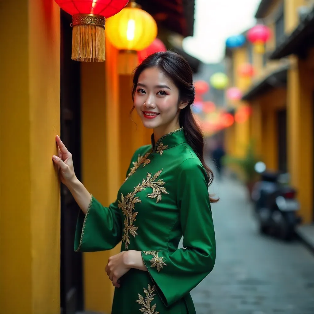 Emerald Ao Dai by Colorful Lanterns in Hội An, Vietnam