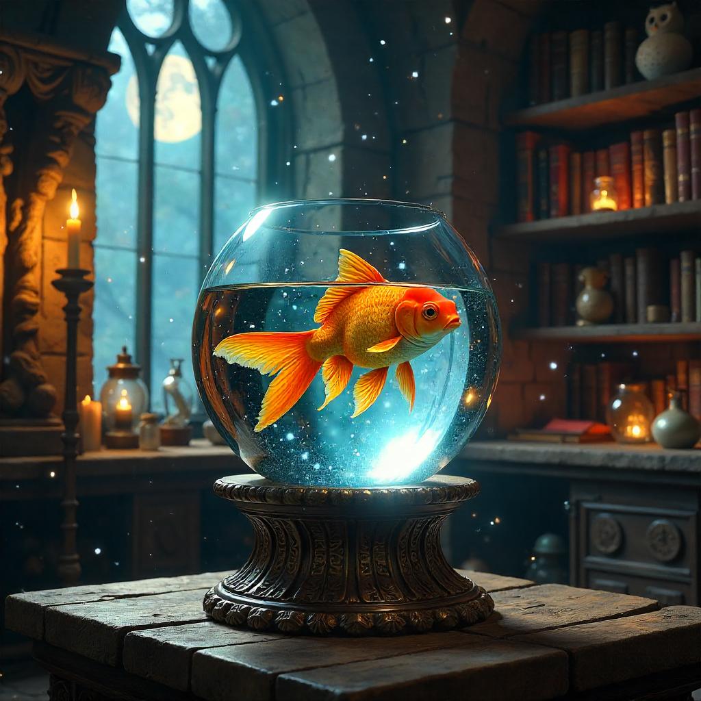 Photoreal Goldfish in a Wizard's Tower