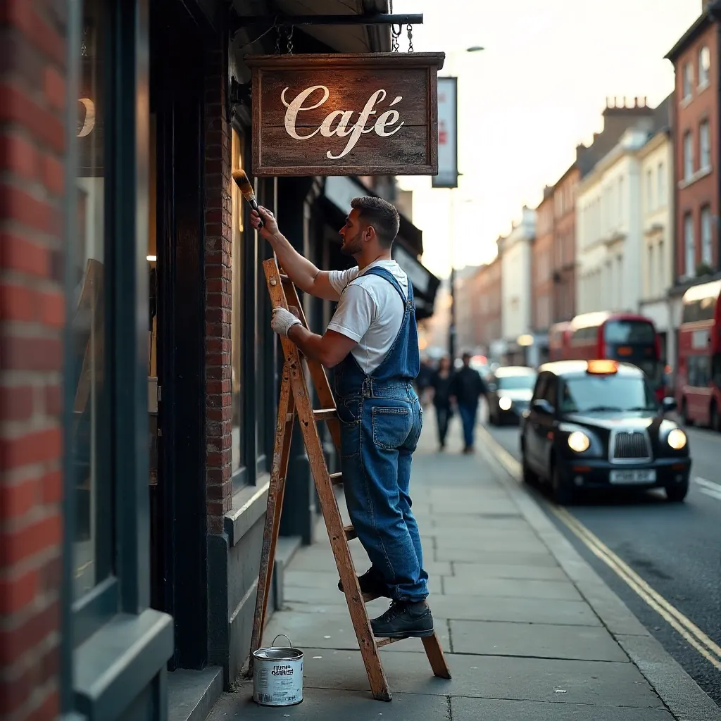 Blue Overalls Painter on Abbey Road Cafe Sign