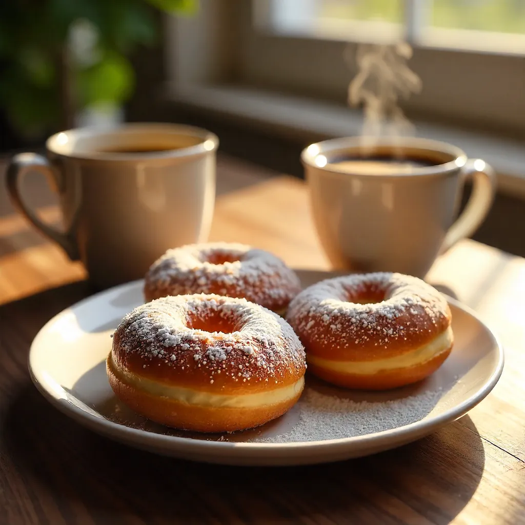 Three Powdered Sugar Donuts with Black Coffee in Warm Light