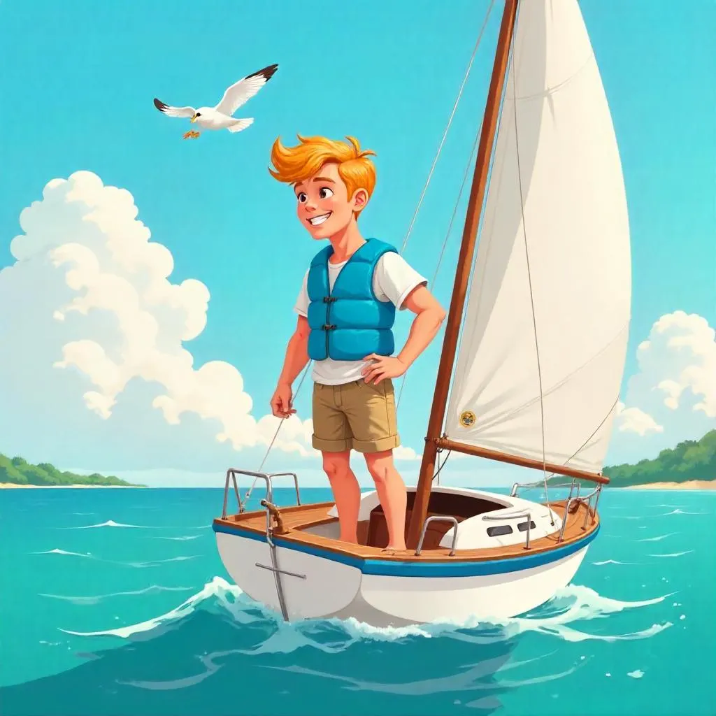 Cheerful Cartoon Young White Man on a Sailboat