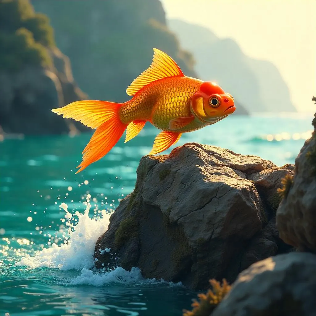 Golden Goldfish on a Weathered Rocky Outcrop
