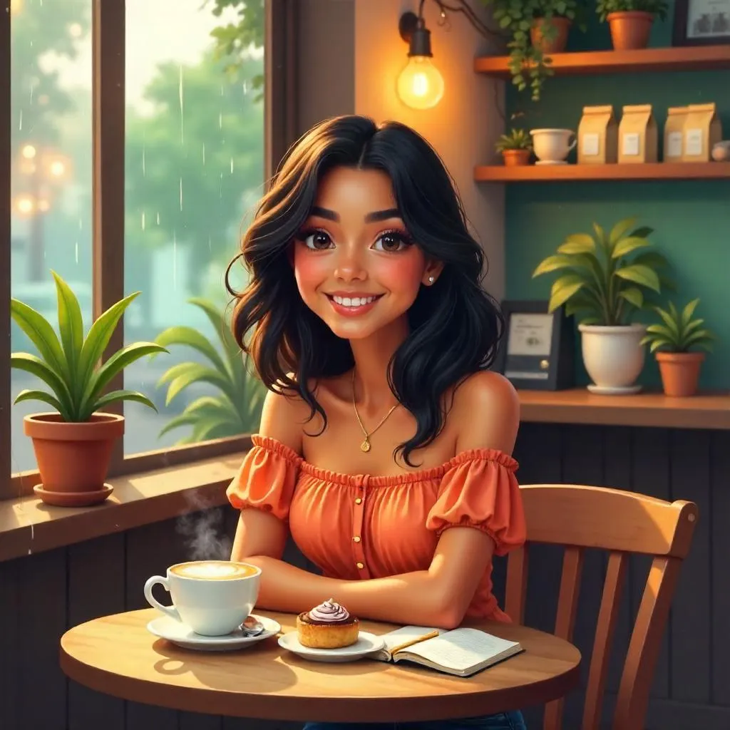 Cheerful Latina Girl in a Cozy Café (Digital Art)