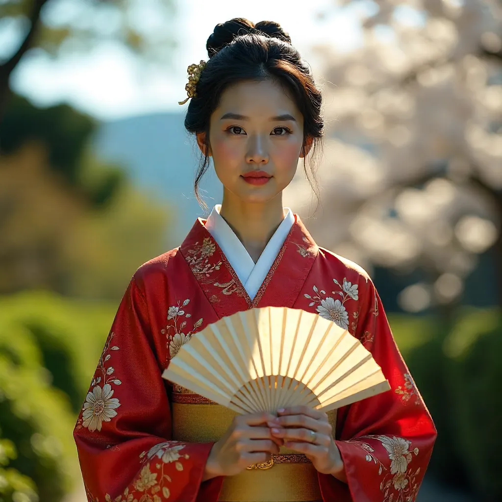 Sunlit Portrait in Traditional Kimono with Fan