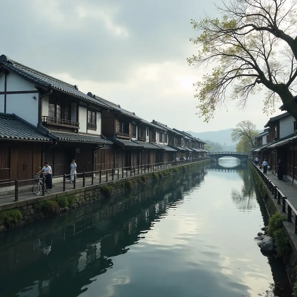 Machiya along Kyoto's Kamo River under Overcast Skies