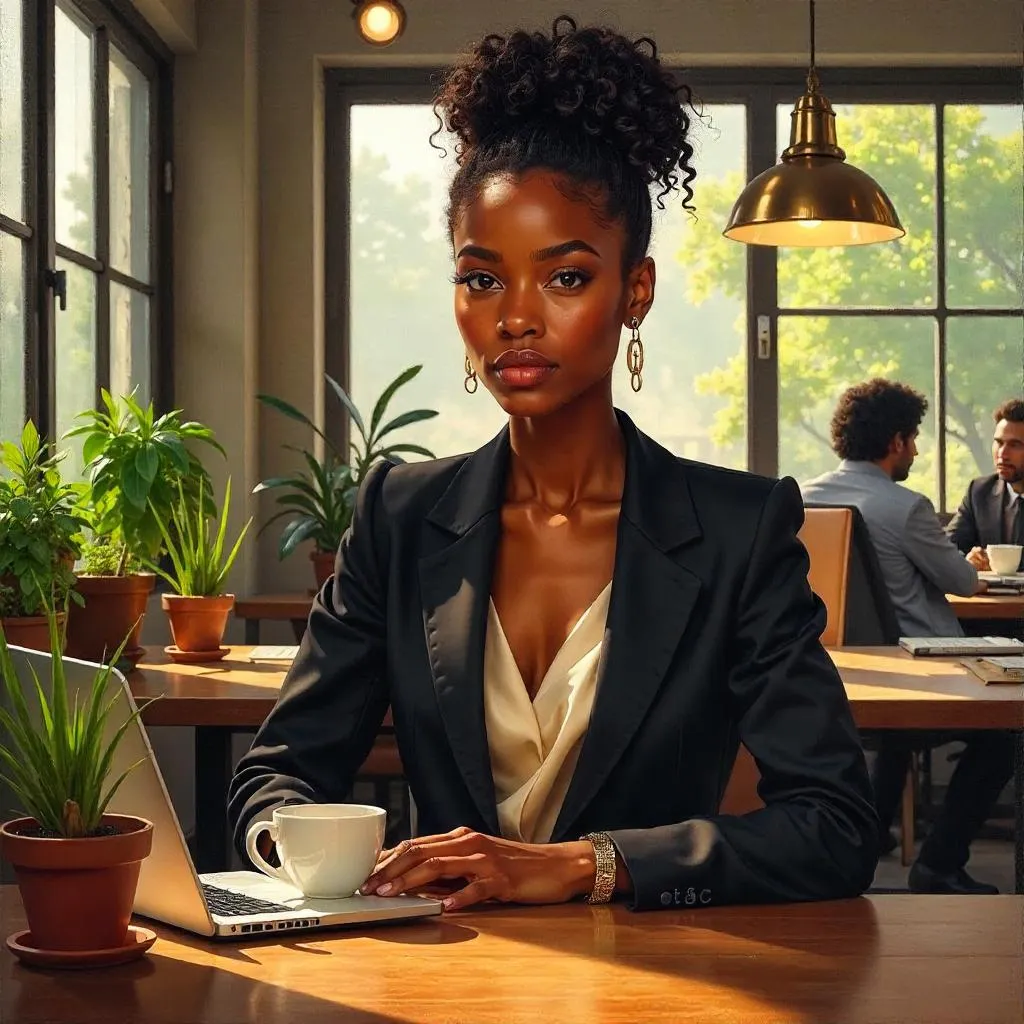 Elegant Black Girl in a Coworking Oil Portrait