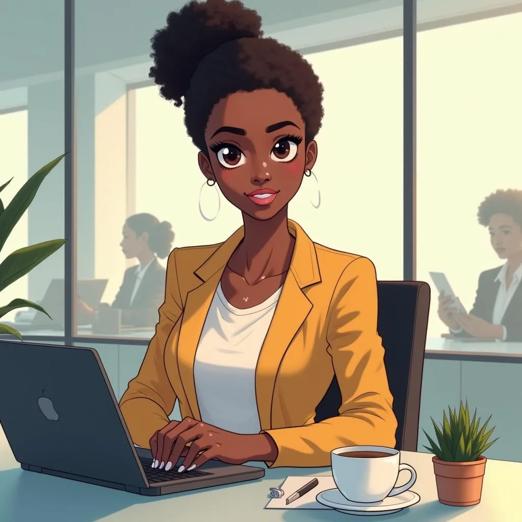 Office Anime Portrait: Stylish Black Woman
