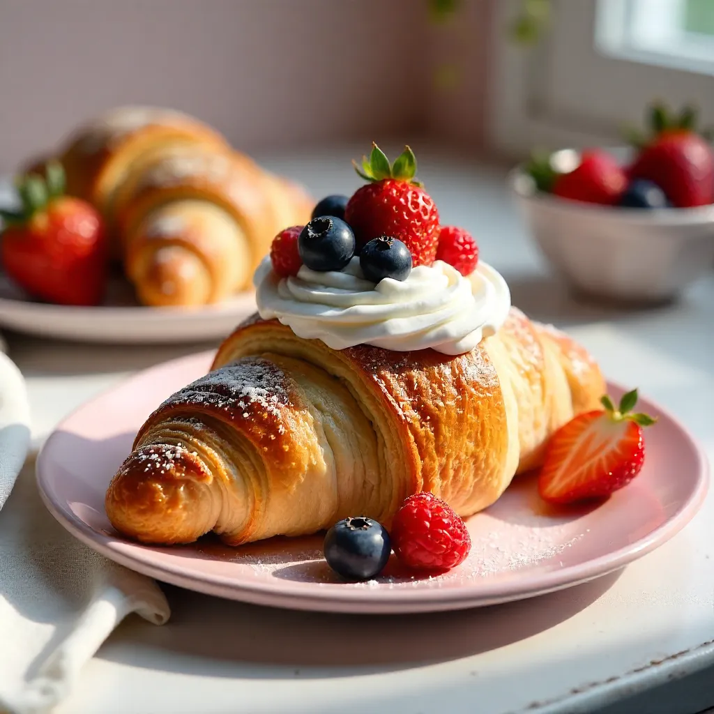Croissant with Berries and Whipped Cream on Pink Plate