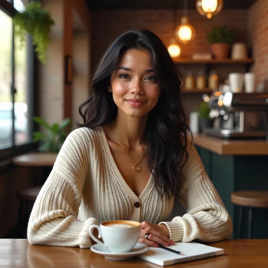 Latina Woman in a Cozy Cafe - 3D Render