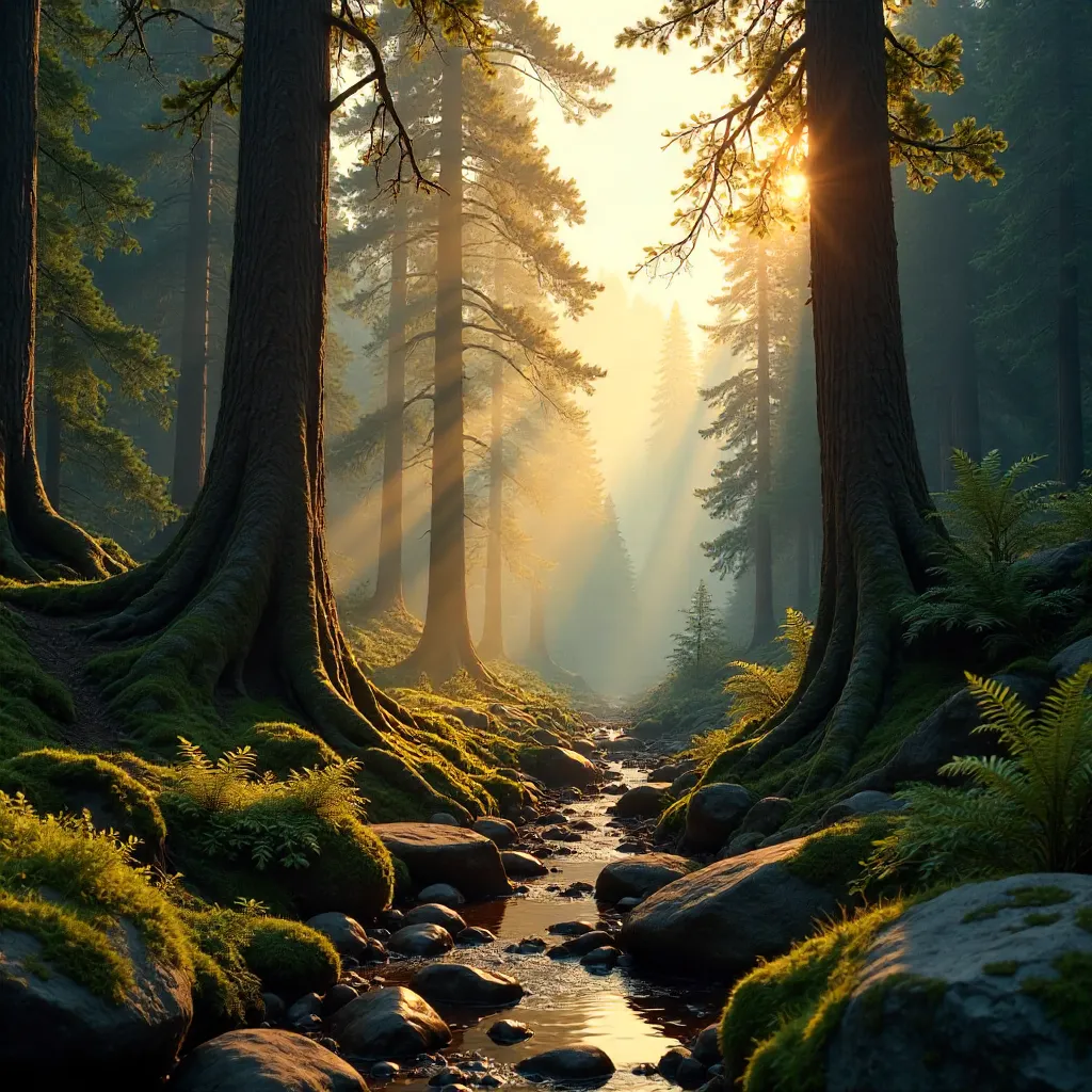 Sunlit Tranquil Forest with Warm Rock Formations