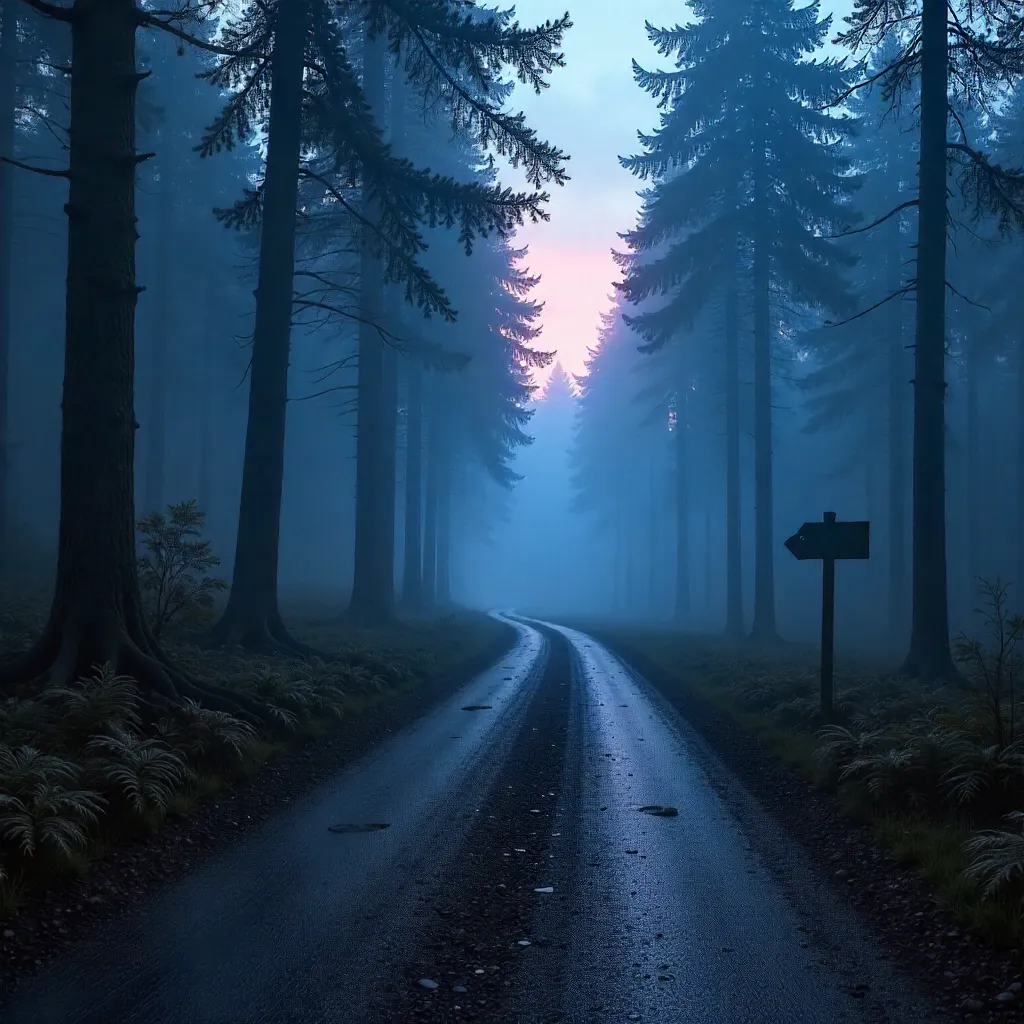 Twilight Mist on a Fogbound Forest Road