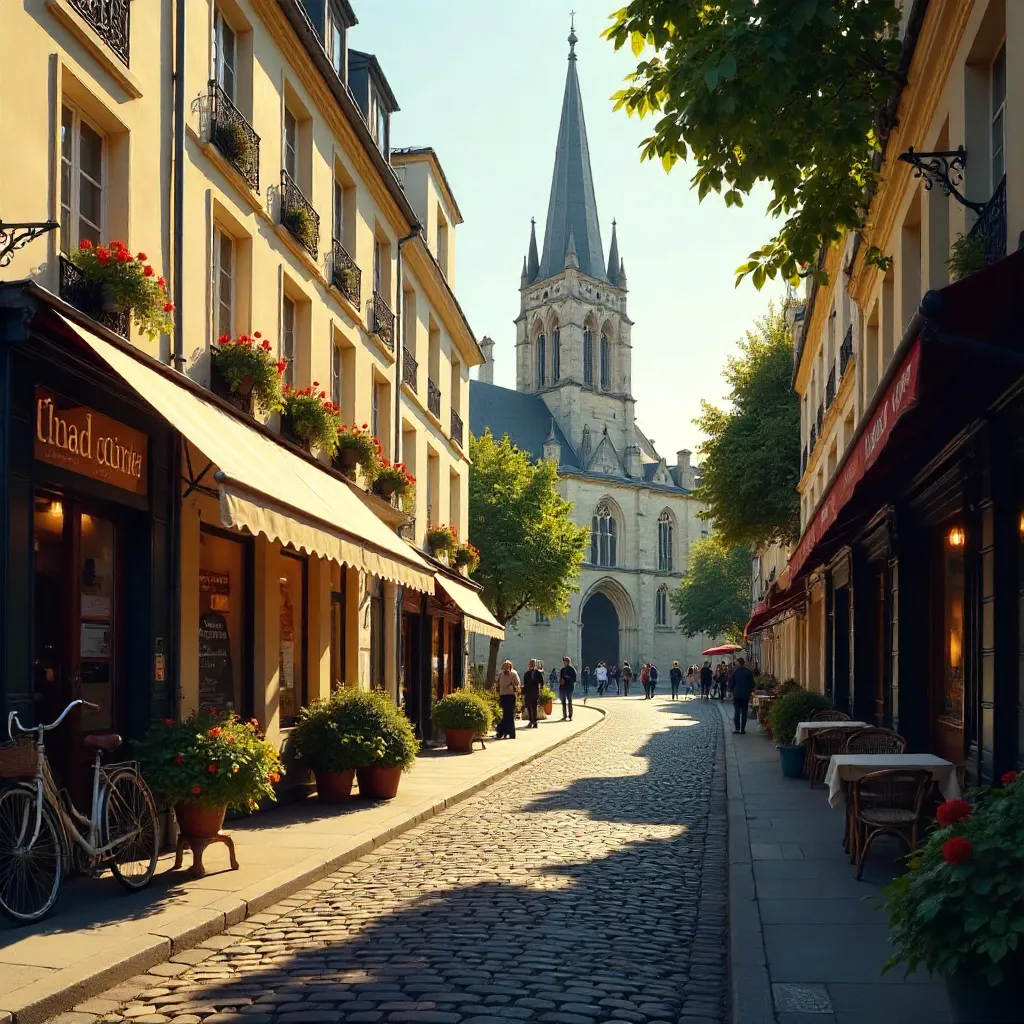Parisian Street Toward a Historic Church at Golden Hour